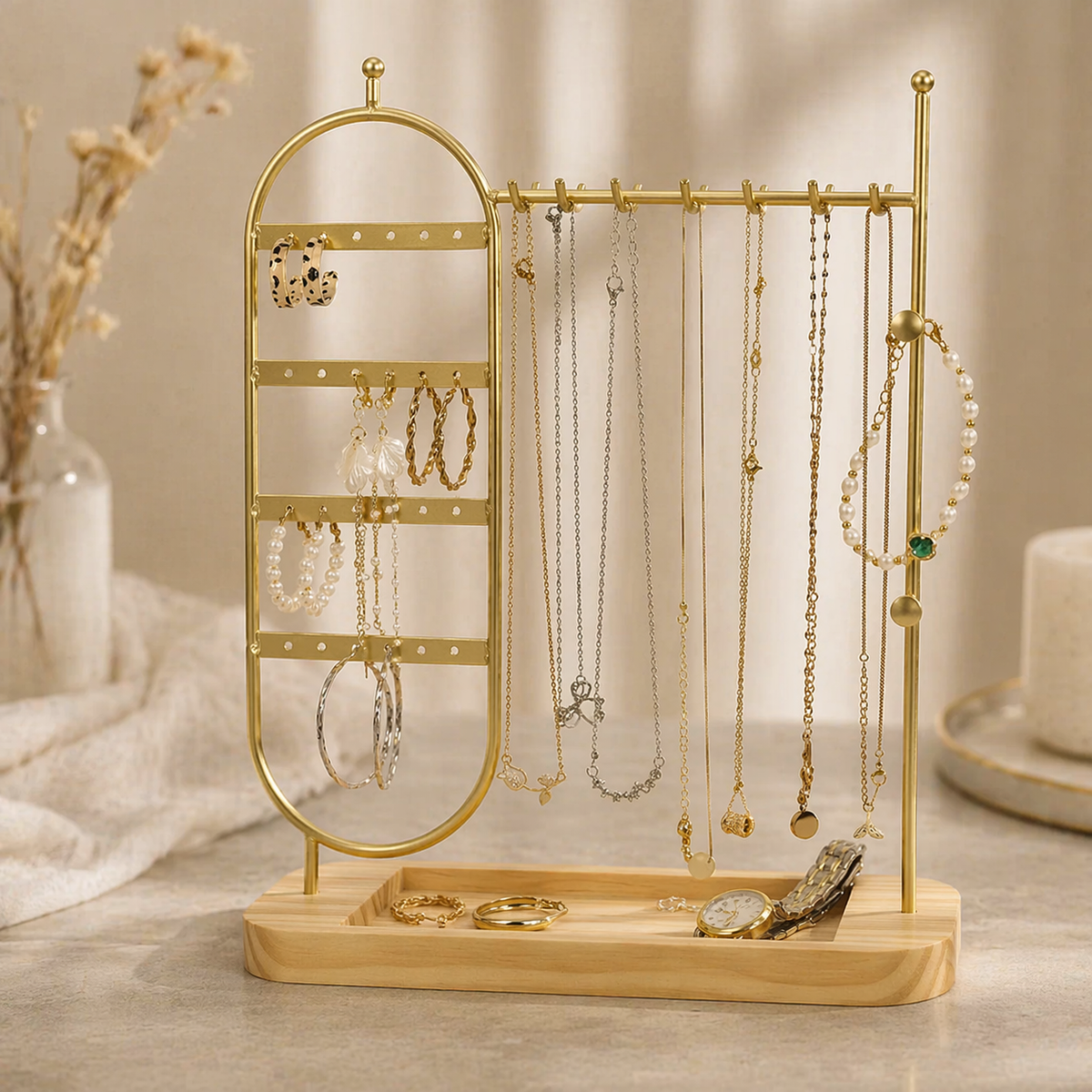 Porte-Bijoux En Métal Avec Base En Bois
