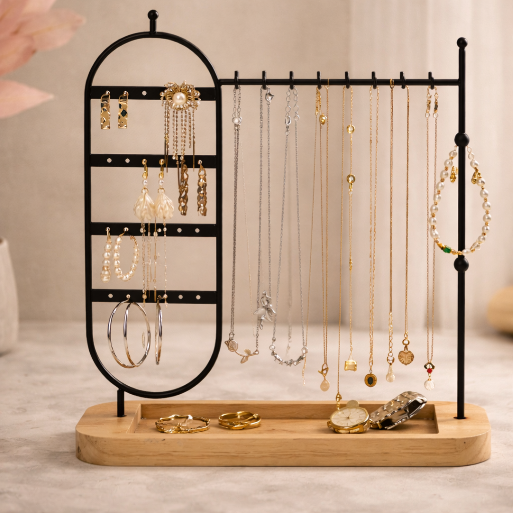 Porte-Bijoux En Métal Avec Base En Bois
