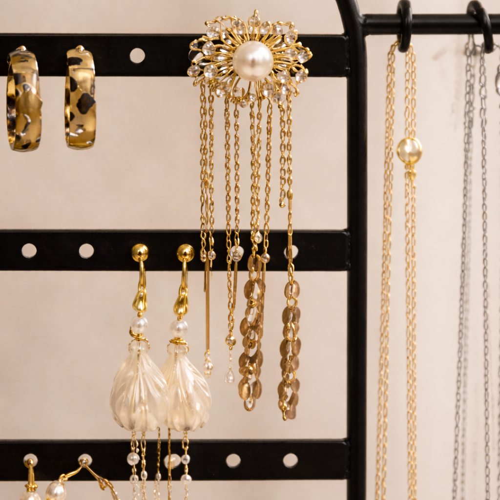 Porte-Bijoux En Métal Avec Base En Bois