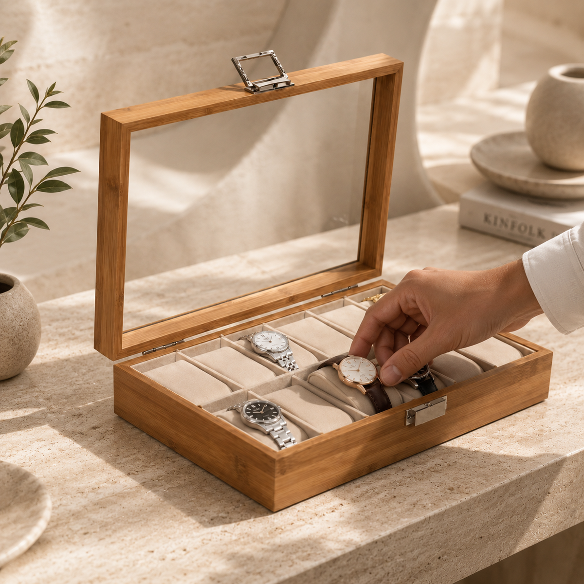 Boîte à Montres en Bois avec Couvercle Transparent