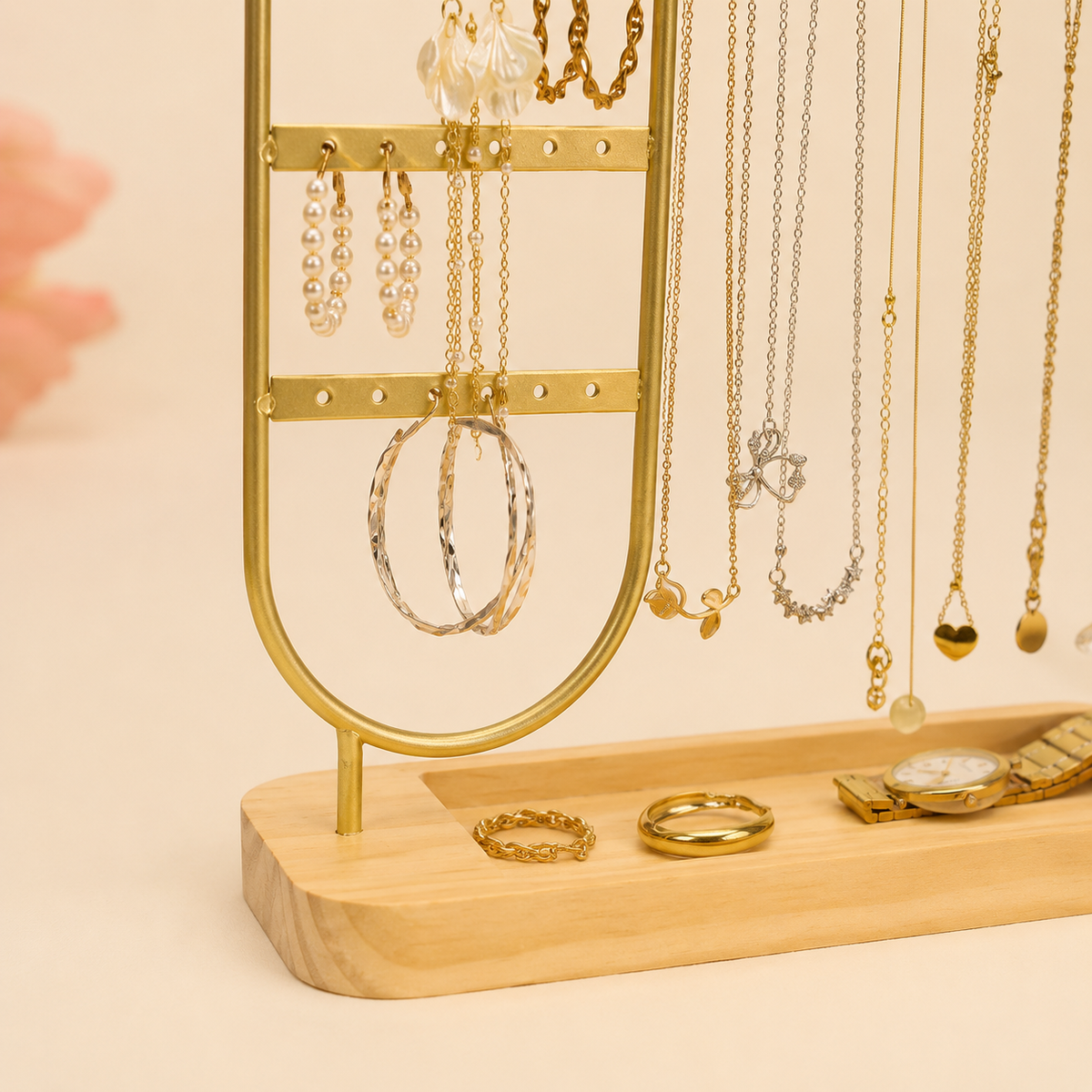Porte-Bijoux En Métal Avec Base En Bois