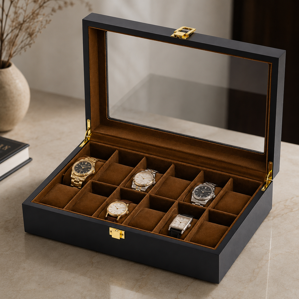 Boîte À Montres Noire Avec Vitre
