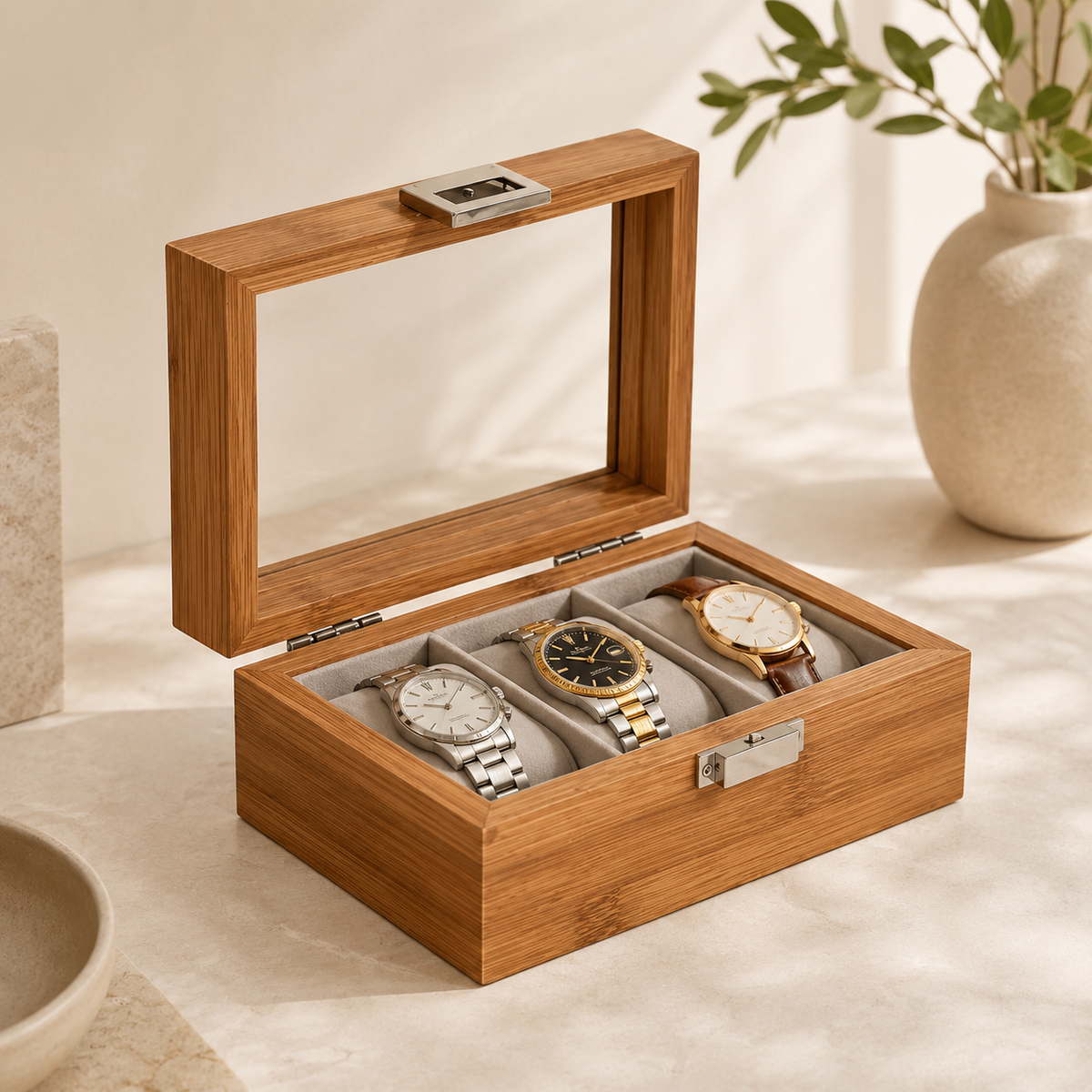 Boîte à Montres en Bois avec Couvercle Transparent