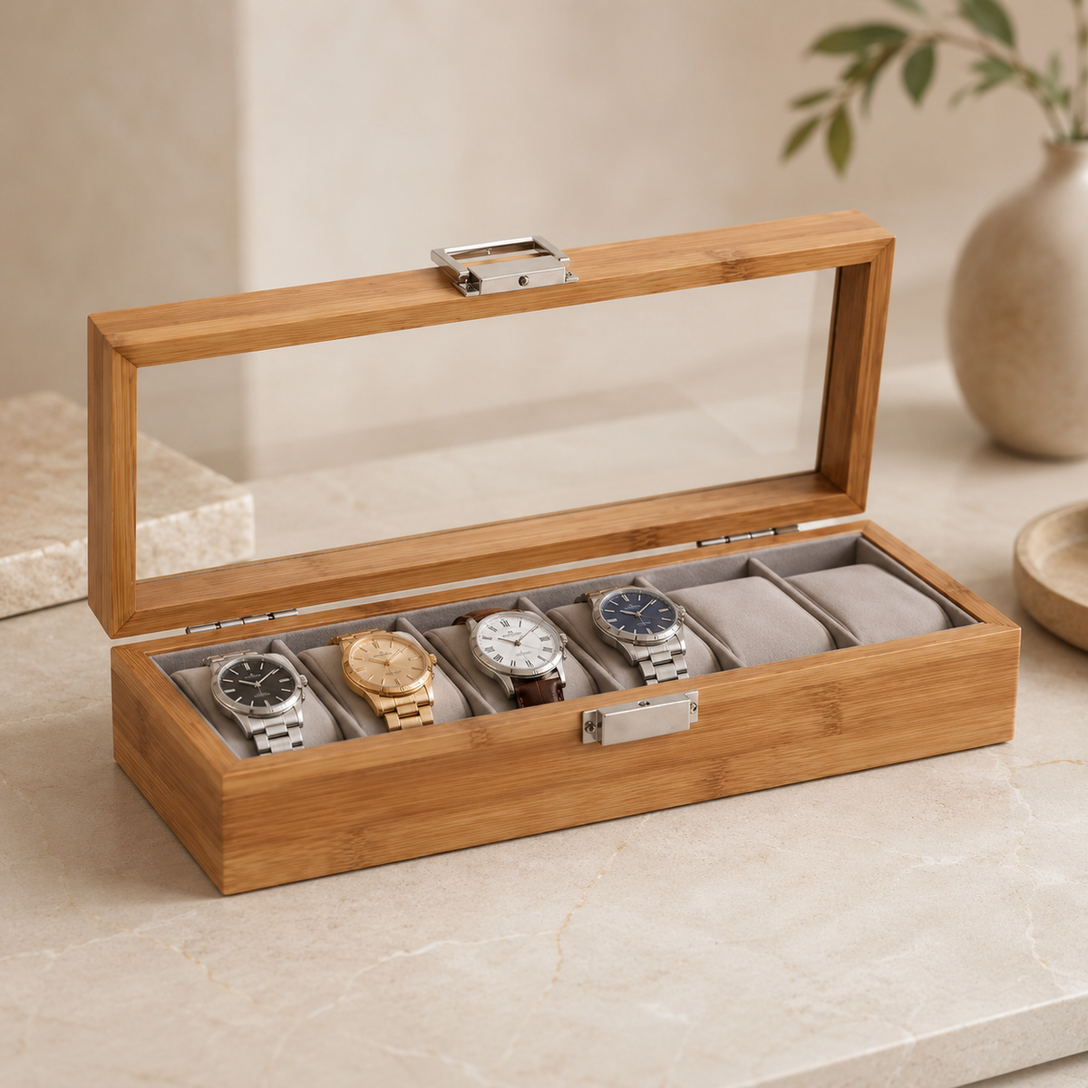Boîte à Montres en Bois avec Couvercle Transparent