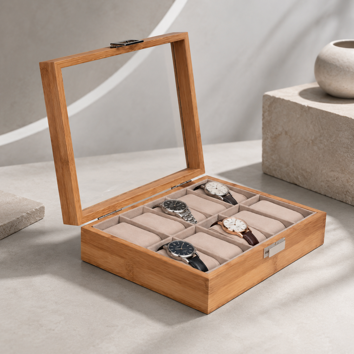 Boîte à Montres en Bois avec Couvercle Transparent