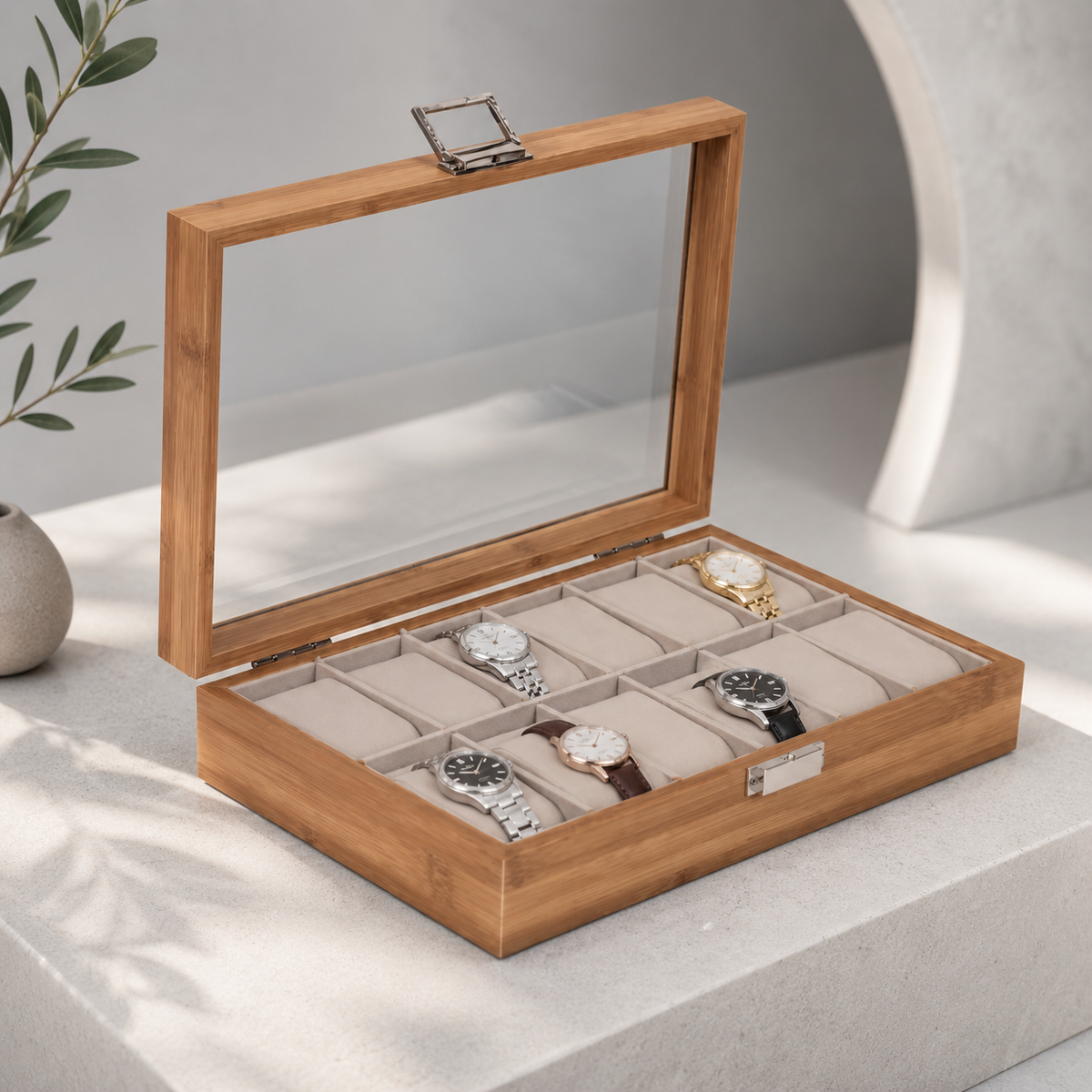 Boîte à Montres en Bois avec Couvercle Transparent