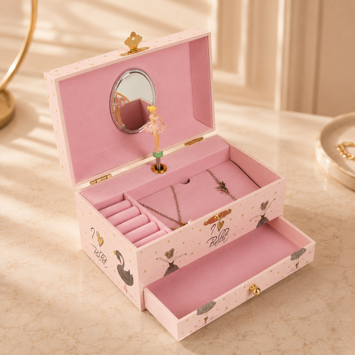 Boîte À Bijoux Musicale Pour Fille Avec Ballerine Et Miroir | Mélodie