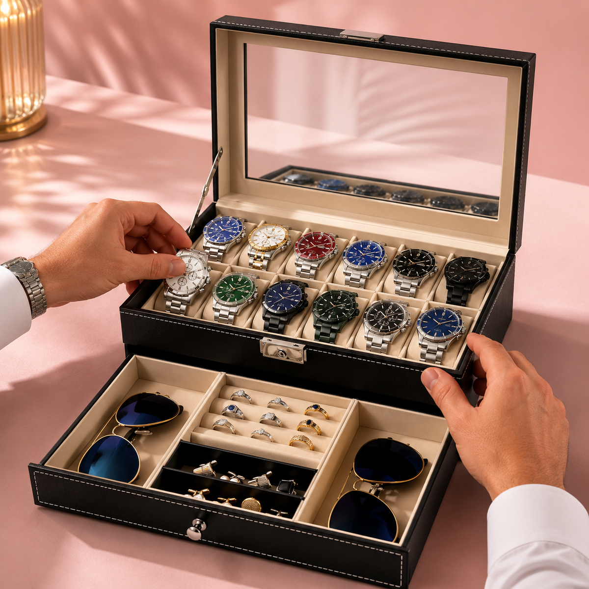 Grande Boîte À Montre 12 Slots En Cuir avec Tiroir