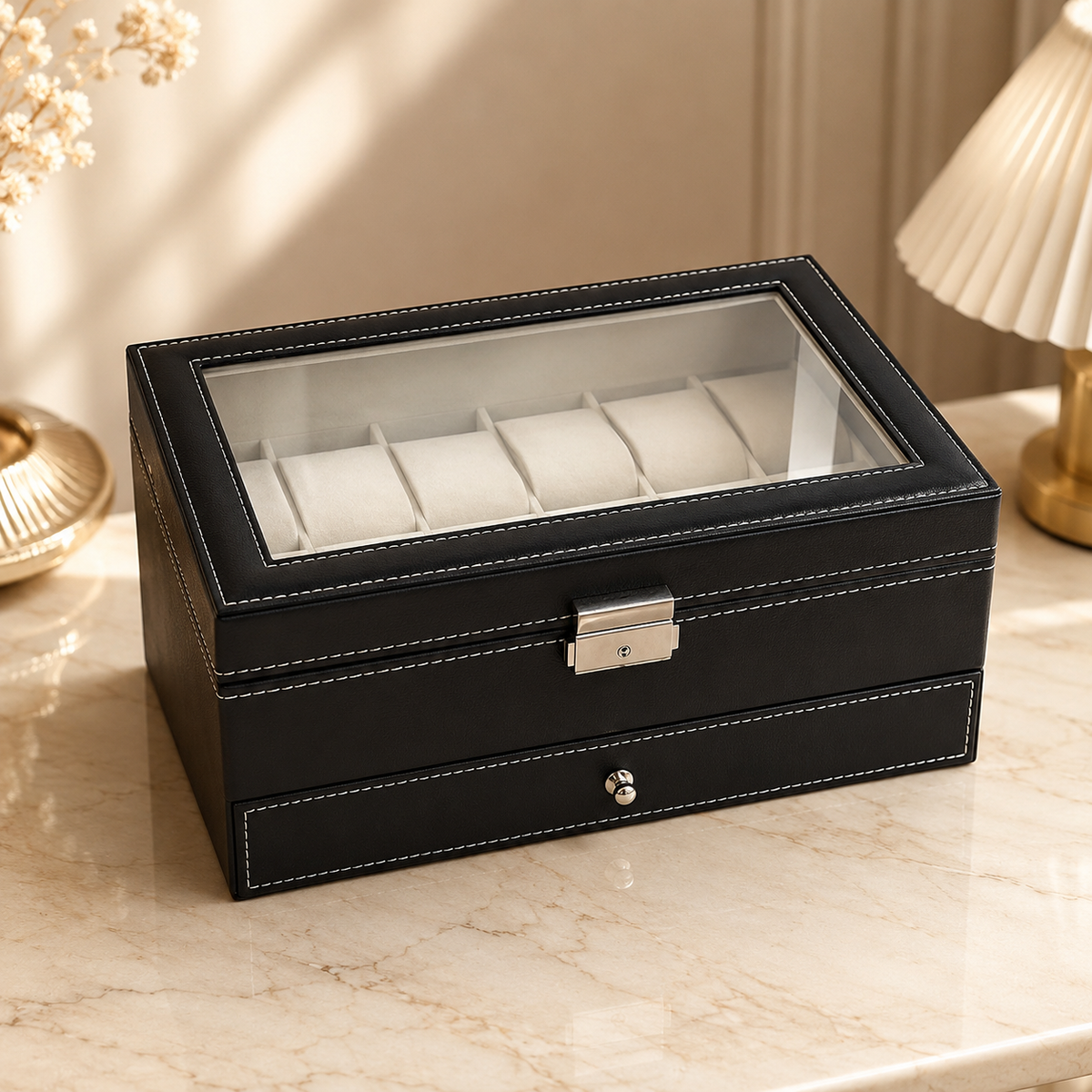Grande Boîte À Montre 12 Slots En Cuir avec Tiroir