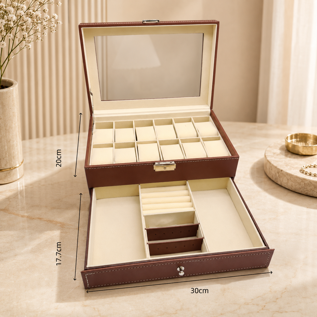 Grande Boîte À Montre 12 Slots En Cuir avec Tiroir