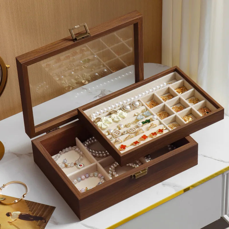 Boîte À Bijoux En Bois Foncé À Double Plateau